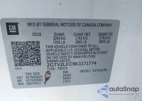 2019 GMC Sierra 1500 Limited z USA, uszkodzony, nr VIN 2GTV2LEC5K1171774